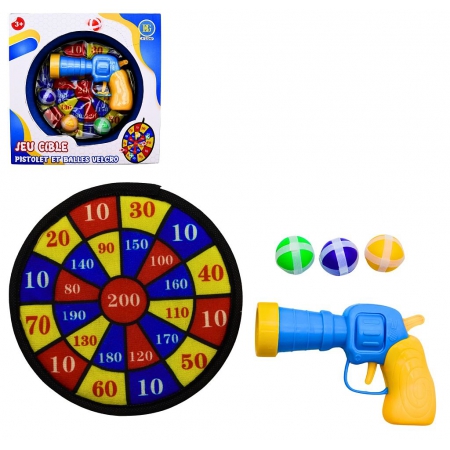 JEU CIBLE BALLE VELCRO 13CM AVEC PISTOLET ET 3 BALLES